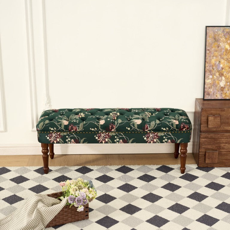 English Elm European Floral Tufted Upholstered Bench with Turned Legs for Bedroom Decor Green W3373P547893