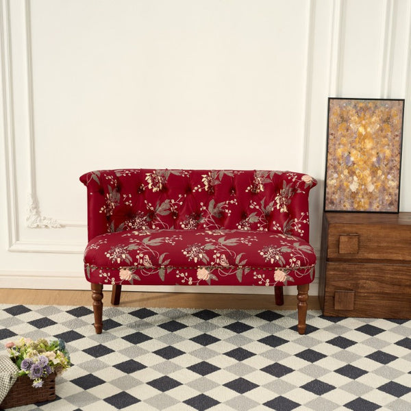 English Elm Sofa Chair Button Tufted Floral Accent Seat with Solid Wood Legs for Bedroom Decor Wine Red W3373P547904