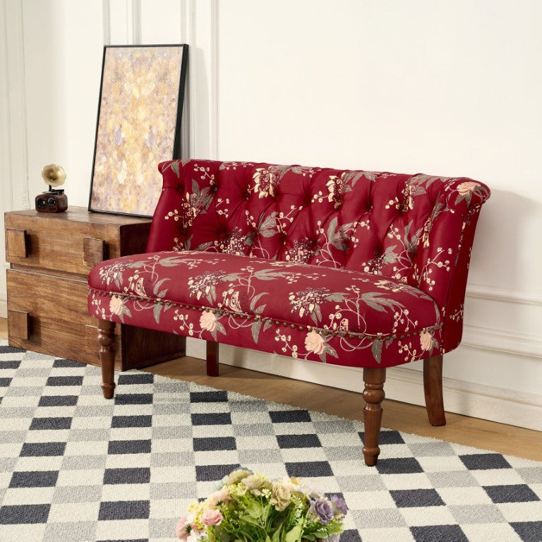 English Elm Sofa Chair Button Tufted Floral Accent Seat with Solid Wood Legs for Bedroom Decor Wine Red W3373P547904