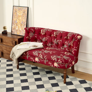 English Elm Sofa Chair Button Tufted Floral Accent Seat with Solid Wood Legs for Bedroom Decor Wine Red W3373P547904
