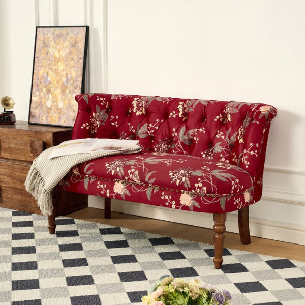 English Elm Sofa Chair Button Tufted Floral Accent Seat with Solid Wood Legs for Bedroom Decor Wine Red W3373P547904