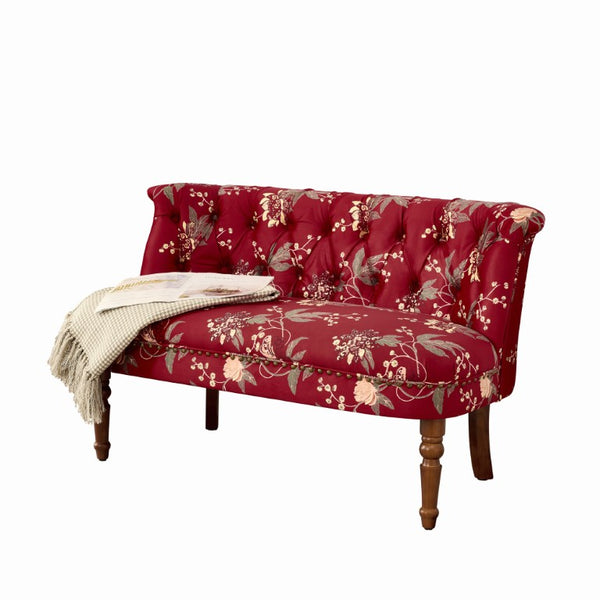 English Elm Sofa Chair Button Tufted Floral Accent Seat with Solid Wood Legs for Bedroom Decor Wine Red W3373P547904