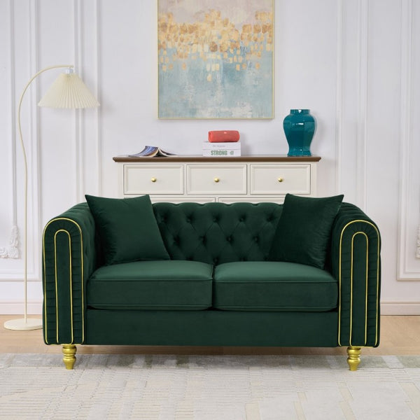 English Elm 63 Inch Chesterfield Loveseat Emerald Velvet Button Tufted Gold Legs Glam Living Room W3373S00089