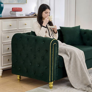 English Elm 63 Inch Chesterfield Loveseat Emerald Velvet Button Tufted Gold Legs Glam Living Room W3373S00089