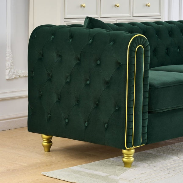 English Elm 63 Inch Chesterfield Loveseat Emerald Velvet Button Tufted Gold Legs Glam Living Room W3373S00089