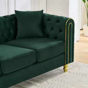 English Elm 63 Inch Chesterfield Loveseat Emerald Velvet Button Tufted Gold Legs Glam Living Room W3373S00089