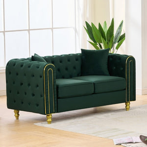 English Elm 63 Inch Chesterfield Loveseat Emerald Velvet Button Tufted Gold Legs Glam Living Room W3373S00089
