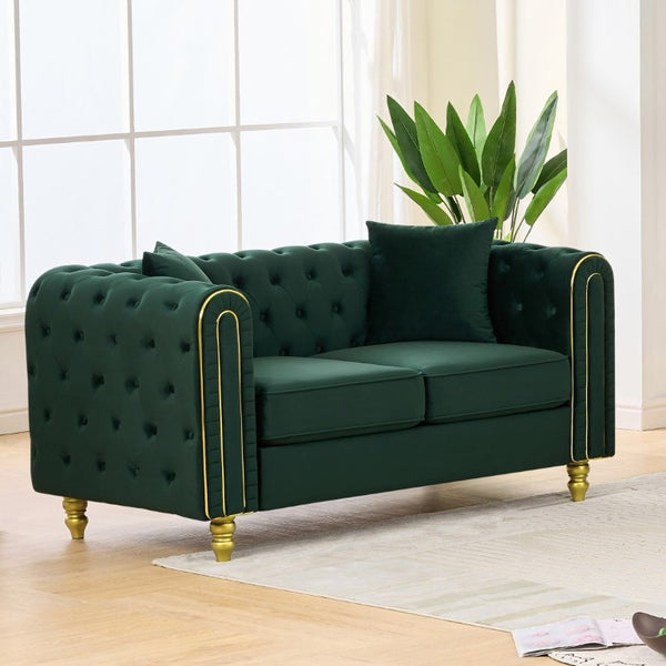 English Elm 63 Inch Chesterfield Loveseat Emerald Velvet Button Tufted Gold Legs Glam Living Room W3373S00089