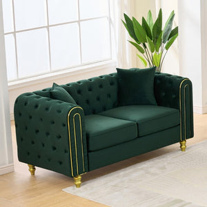 English Elm 63 Inch Chesterfield Loveseat Emerald Velvet Button Tufted Gold Legs Glam Living Room W3373S00089