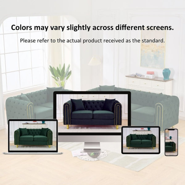 English Elm 63 Inch Chesterfield Loveseat Emerald Velvet Button Tufted Gold Legs Glam Living Room W3373S00089