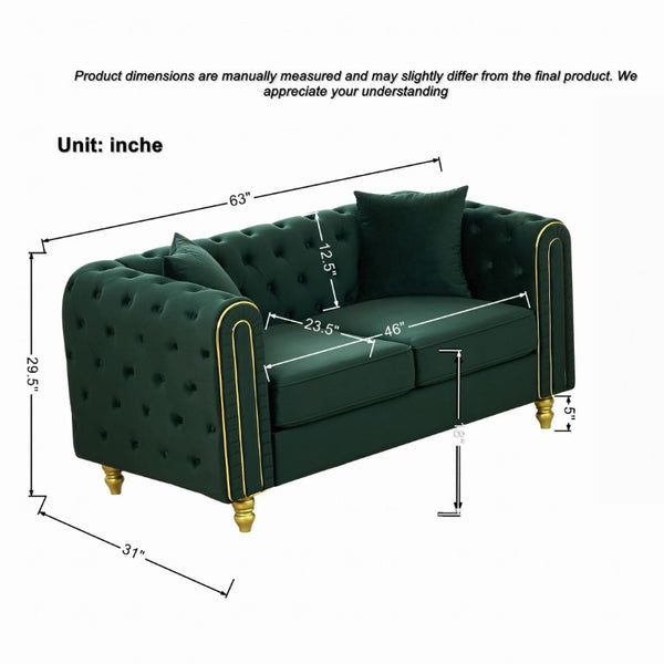 English Elm 63 Inch Chesterfield Loveseat Emerald Velvet Button Tufted Gold Legs Glam Living Room W3373S00089