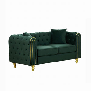 English Elm 63 Inch Chesterfield Loveseat Emerald Velvet Button Tufted Gold Legs Glam Living Room W3373S00089