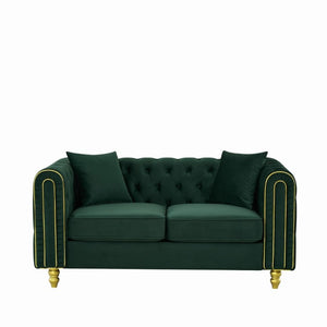 English Elm 63 Inch Chesterfield Loveseat Emerald Velvet Button Tufted Gold Legs Glam Living Room W3373S00089