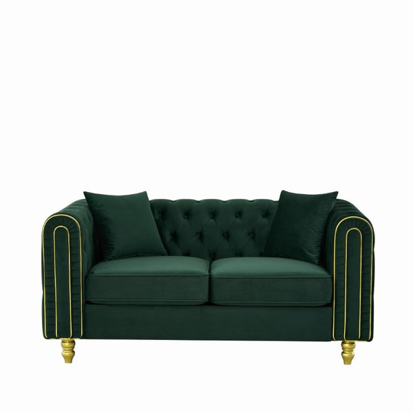 English Elm 63 Inch Chesterfield Loveseat Emerald Velvet Button Tufted Gold Legs Glam Living Room W3373S00089