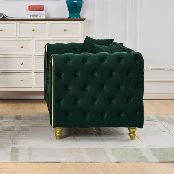 English Elm 63 Inch Chesterfield Loveseat Emerald Velvet Button Tufted Gold Legs Glam Living Room W3373S00089