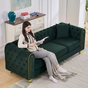 English Elm 63 Inch Chesterfield Loveseat Emerald Velvet Button Tufted Gold Legs Glam Living Room W3373S00089