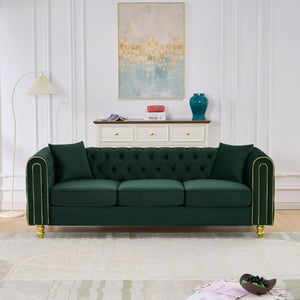 English Elm 86 Inch Chesterfield Velvet Three Seat Sofa with Button Tufting and Gold Tone Legs W3373S00090