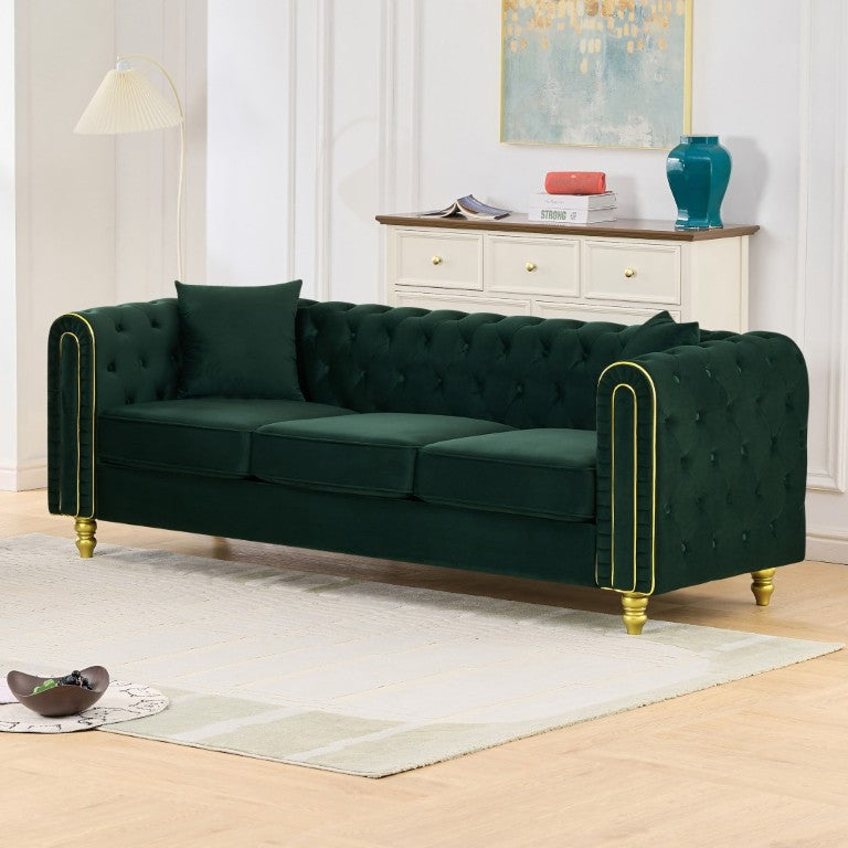 English Elm 86 Inch Chesterfield Velvet Three Seat Sofa with Button Tufting and Gold Tone Legs W3373S00090