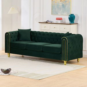English Elm 86 Inch Chesterfield Velvet Three Seat Sofa with Button Tufting and Gold Tone Legs W3373S00090