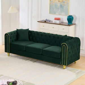 English Elm 86 Inch Chesterfield Velvet Three Seat Sofa with Button Tufting and Gold Tone Legs W3373S00090