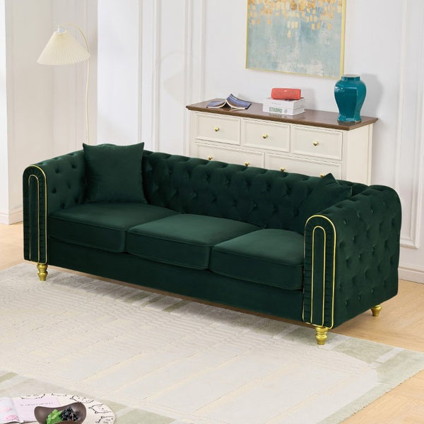 English Elm 86 Inch Chesterfield Velvet Three Seat Sofa with Button Tufting and Gold Tone Legs W3373S00090