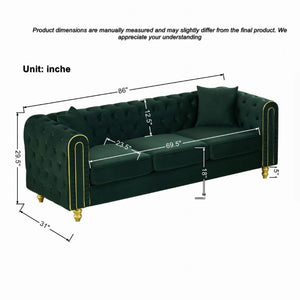 English Elm 86 Inch Chesterfield Velvet Three Seat Sofa with Button Tufting and Gold Tone Legs W3373S00090