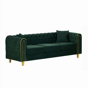 English Elm 86 Inch Chesterfield Velvet Three Seat Sofa with Button Tufting and Gold Tone Legs W3373S00090