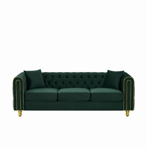 English Elm 86 Inch Chesterfield Velvet Three Seat Sofa with Button Tufting and Gold Tone Legs W3373S00090