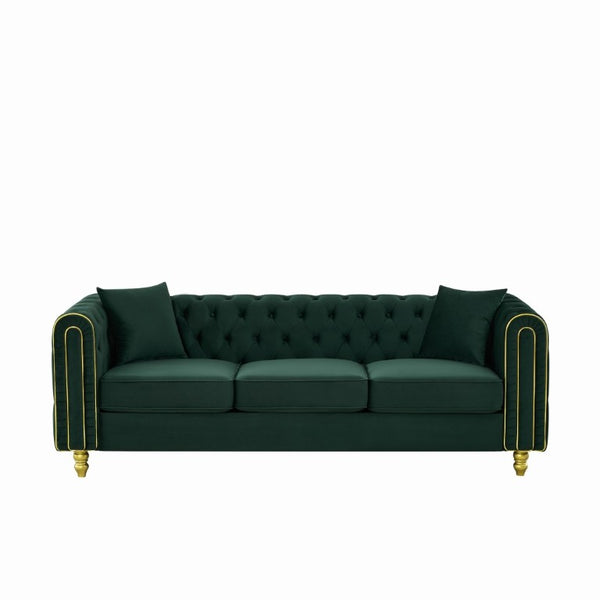 English Elm 86 Inch Chesterfield Velvet Three Seat Sofa with Button Tufting and Gold Tone Legs W3373S00090