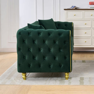 English Elm 86 Inch Chesterfield Velvet Three Seat Sofa with Button Tufting and Gold Tone Legs W3373S00090