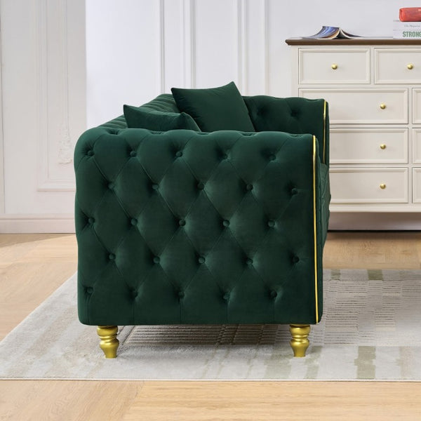 English Elm 86 Inch Chesterfield Velvet Three Seat Sofa with Button Tufting and Gold Tone Legs W3373S00090