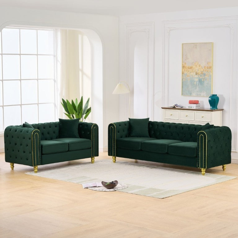 English Elm 3 Piece Chesterfield Velvet Sofa Set Button Tufted Gold Legs Glam Living Room W3373S00091