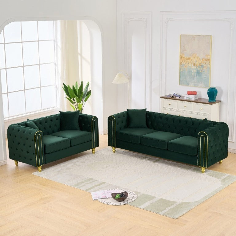 English Elm 3 Piece Chesterfield Velvet Sofa Set Button Tufted Gold Legs Glam Living Room W3373S00091