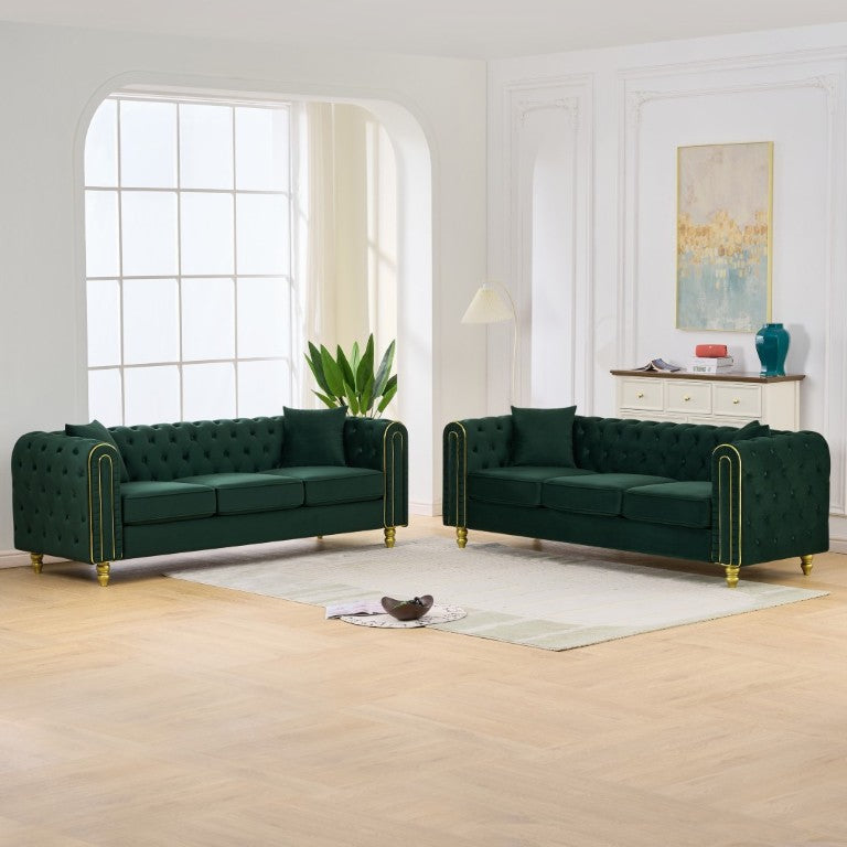 English Elm 3 Seater Chesterfield Velvet Sofa Button Tufted Rolled Arms Polished Gold Legs Glam Living W3373S00092