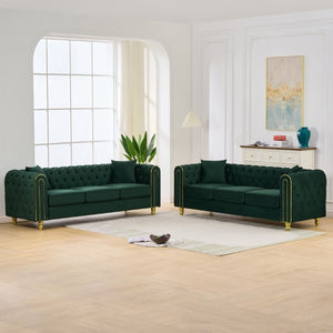English Elm 3 Seater Chesterfield Velvet Sofa Button Tufted Rolled Arms Polished Gold Legs Glam Living W3373S00092