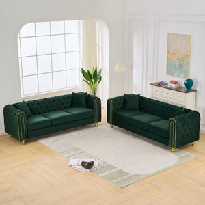 English Elm 3 Seater Chesterfield Velvet Sofa Button Tufted Rolled Arms Polished Gold Legs Glam Living W3373S00092