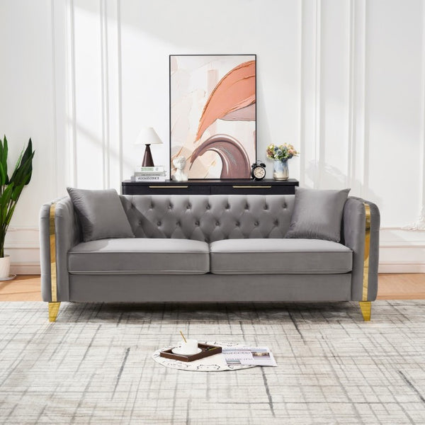 English Elm 81 Inch Chesterfield Velvet Sofa with Button Tufting Gold Piping and Polished Metal Legs Grey W3373S00093