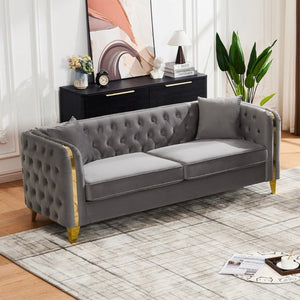 English Elm 81 Inch Chesterfield Velvet Sofa with Button Tufting Gold Piping and Polished Metal Legs Grey W3373S00093
