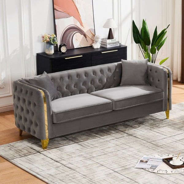 English Elm 81 Inch Chesterfield Velvet Sofa with Button Tufting Gold Piping and Polished Metal Legs Grey W3373S00093