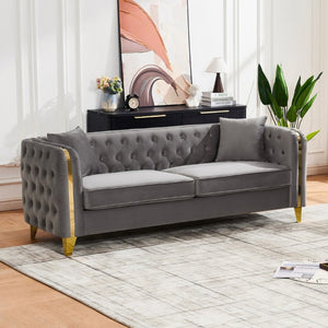 English Elm 81 Inch Chesterfield Velvet Sofa with Button Tufting Gold Piping and Polished Metal Legs Grey W3373S00093