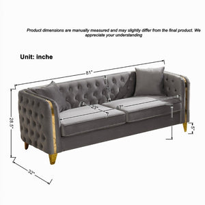 English Elm 81 Inch Chesterfield Velvet Sofa with Button Tufting Gold Piping and Polished Metal Legs Grey W3373S00093