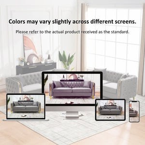 English Elm 81 Inch Chesterfield Velvet Sofa with Button Tufting Gold Piping and Polished Metal Legs Grey W3373S00093