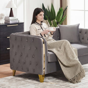 English Elm 81 Inch Chesterfield Velvet Sofa with Button Tufting Gold Piping and Polished Metal Legs Grey W3373S00093