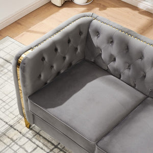 English Elm 81 Inch Chesterfield Velvet Sofa with Button Tufting Gold Piping and Polished Metal Legs Grey W3373S00093