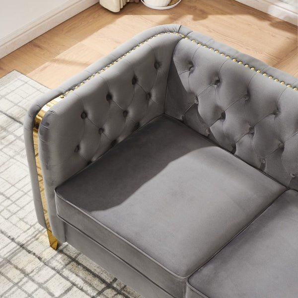 English Elm 81 Inch Chesterfield Velvet Sofa with Button Tufting Gold Piping and Polished Metal Legs Grey W3373S00093