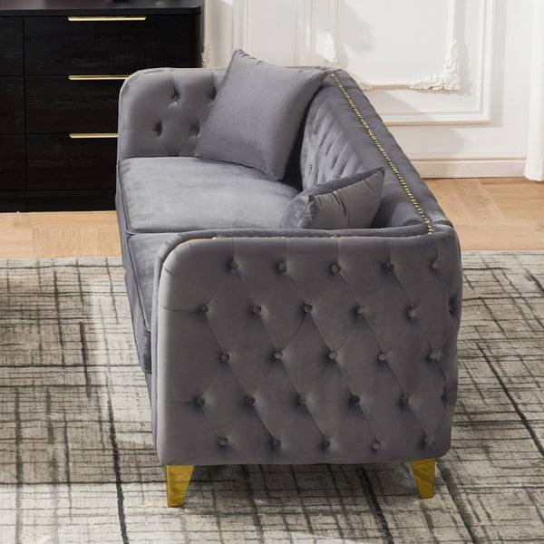 English Elm 81 Inch Chesterfield Velvet Sofa with Button Tufting Gold Piping and Polished Metal Legs Grey W3373S00093