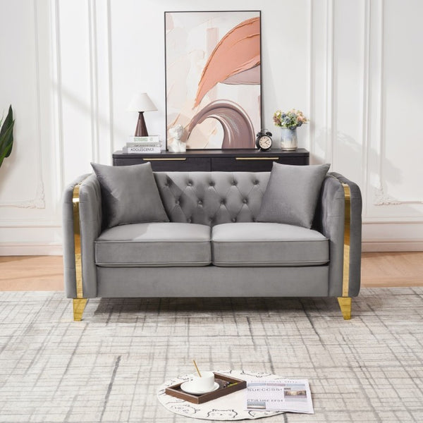 English Elm 61 Inch Velvet Button Tufted Chesterfield Loveseat with Gold Stainless Legs for Home Grey W3373S00094