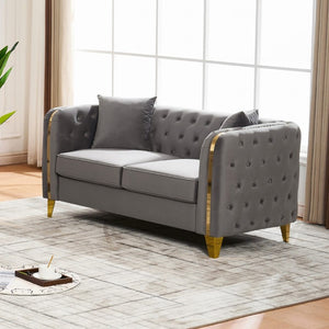 English Elm 61 Inch Velvet Button Tufted Chesterfield Loveseat with Gold Stainless Legs for Home Grey W3373S00094