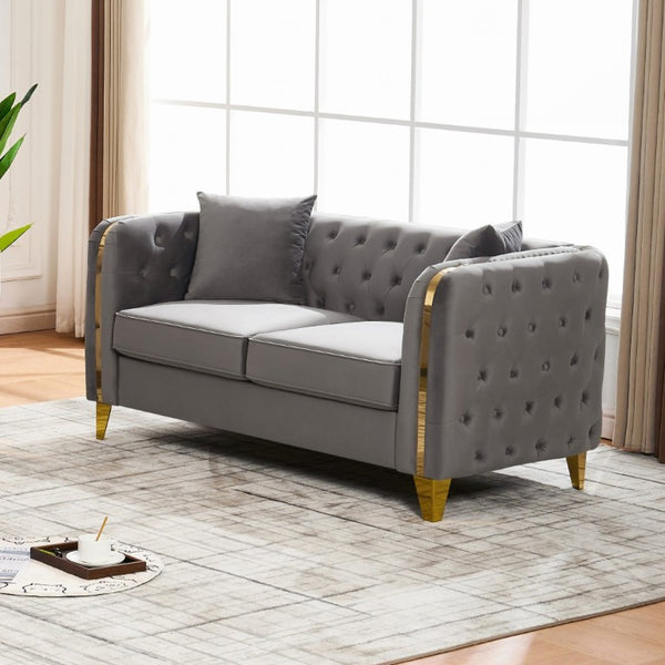 English Elm 61 Inch Velvet Button Tufted Chesterfield Loveseat with Gold Stainless Legs for Home Grey W3373S00094