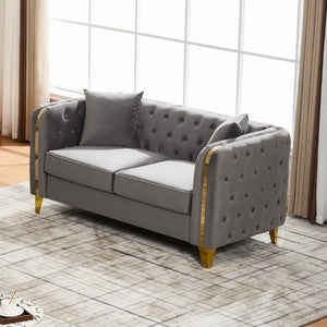 English Elm 61 Inch Velvet Button Tufted Chesterfield Loveseat with Gold Stainless Legs for Home Grey W3373S00094